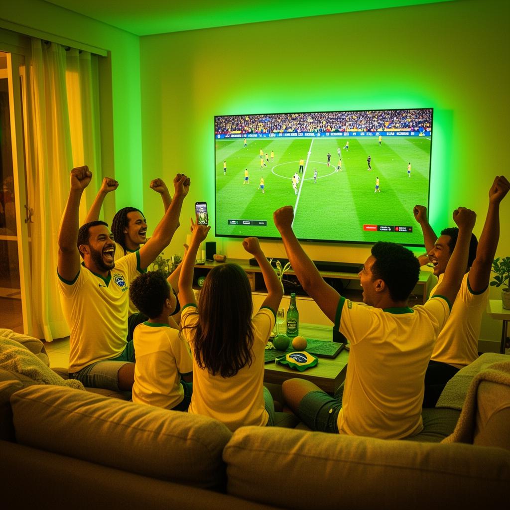 Família brasileira comemorando gol da Seleção assistindo Copa do Mundo 2026 em casa